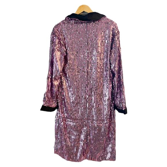 FREE PEOPLE Ella Duster Sequin Purple Combo Black Trim Jacket XS/S Oversized NWT - Picture 11 of 13